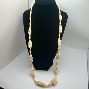 vintage carved bone necklace cream floral rose beads long strand